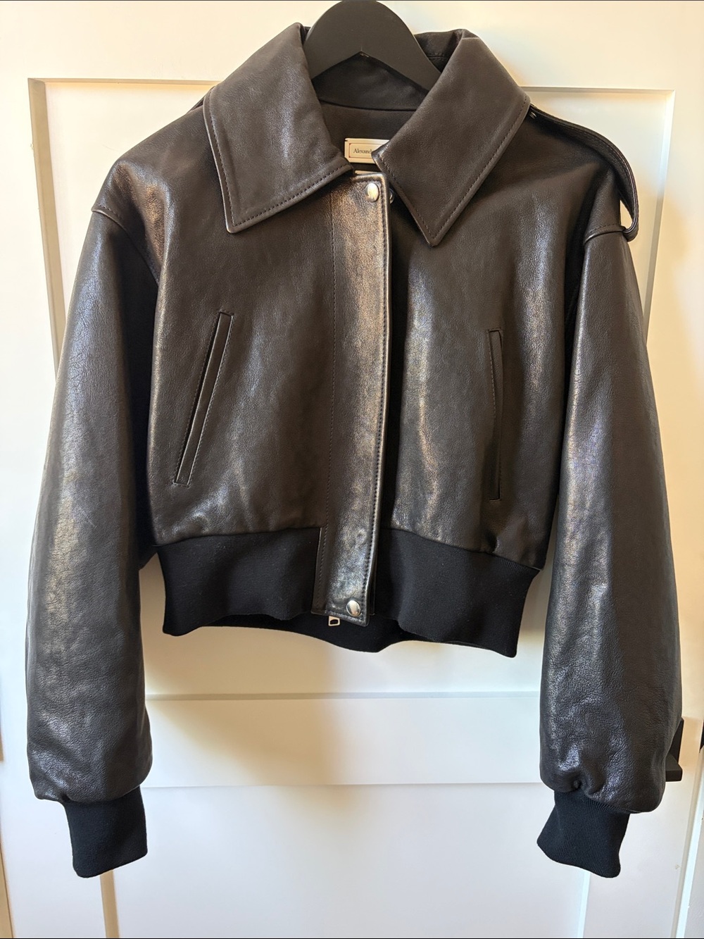 Alexander McQueen Black Leather Cropped Bomber Jacket